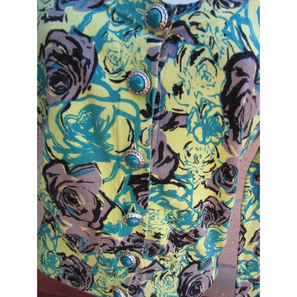 Cardigan Sweater XXI Twist Green Bold Floral Roses Button Front Size S/P - Picture 4 of 6